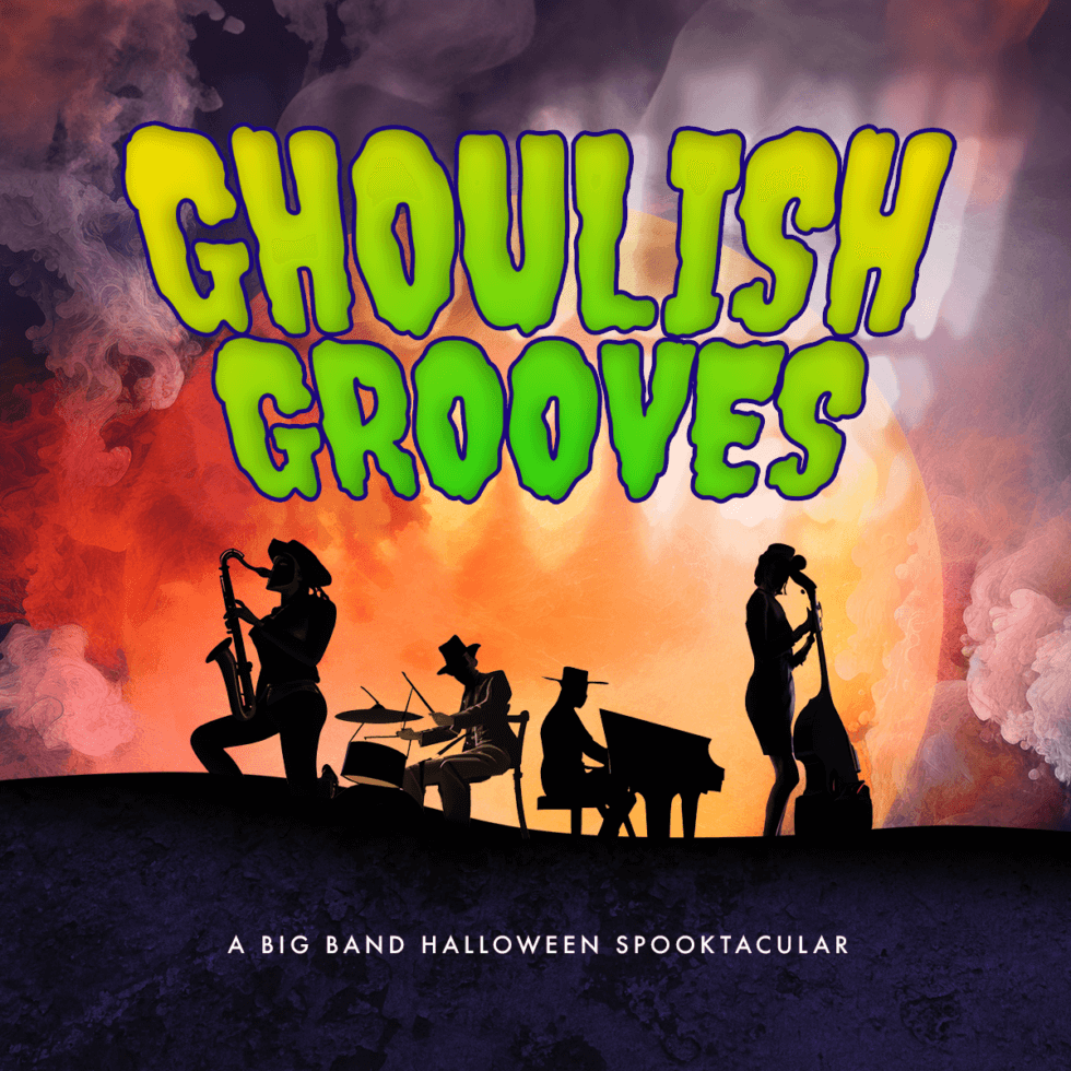 Promotional graphic for Ghoulish Grooves with the title in a green creepy font at the top and illustration of four musicians in front of a full moon.